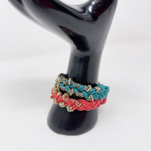 Boutique Set of 2 Braided Embellished Bracelets Teal Red Gold Tone Rhinestones - Picture 5 of 11